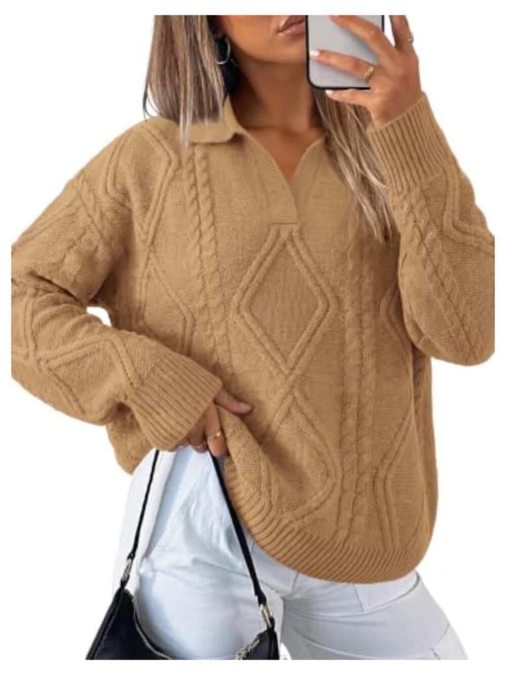 Women's Oversized Cable Knit Sweater Lapel V-Neck Pullover